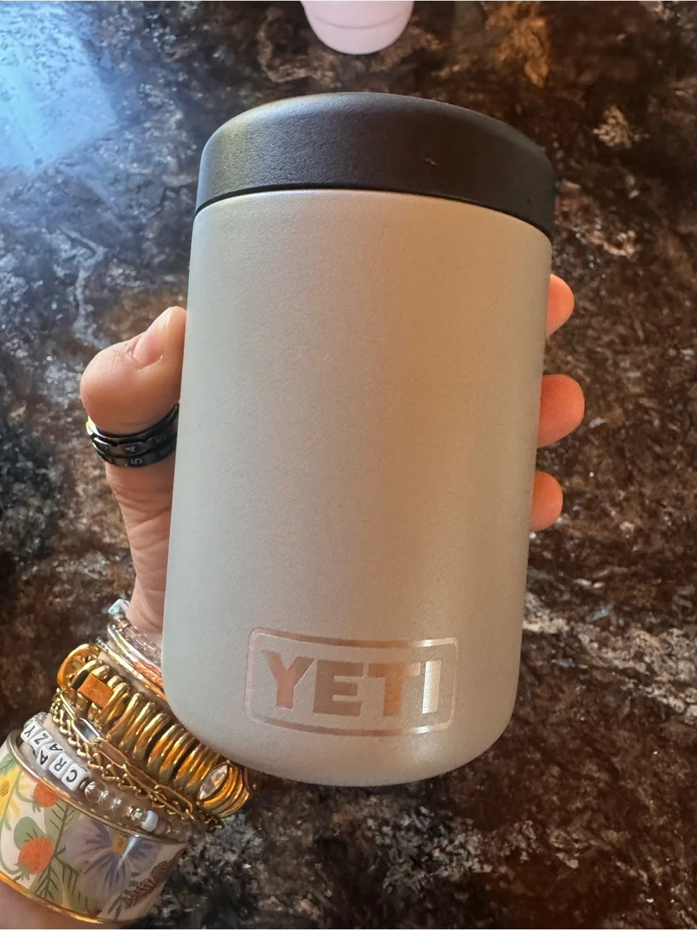 Yeti Gray Rambler Can Insulator with Black Lid